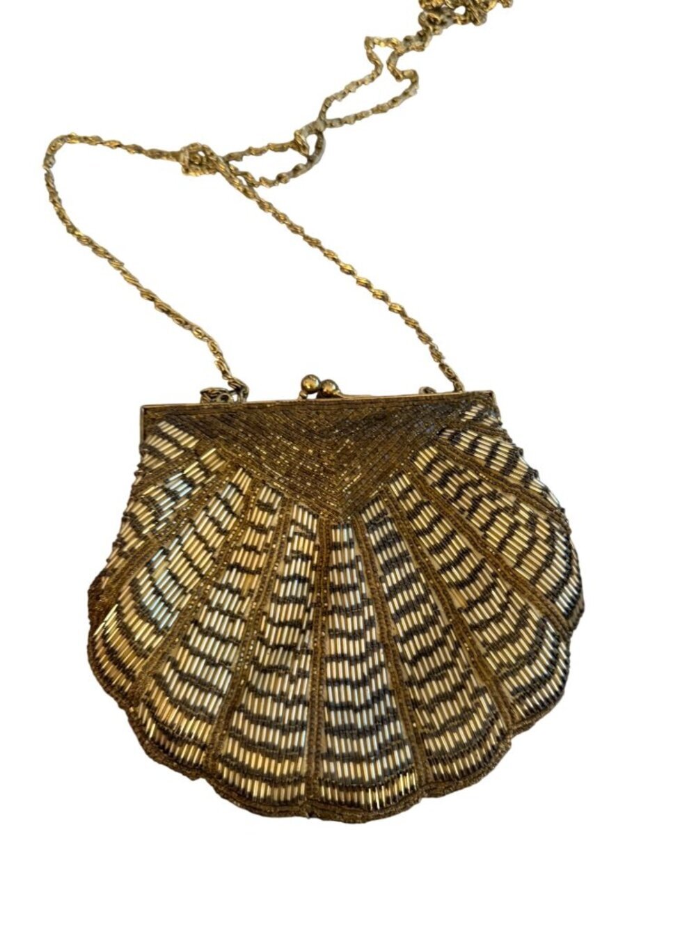 La Regale Womens Gold Beaded Clam Shell Shape Kiss-lock Evening Bag Vintage Rare